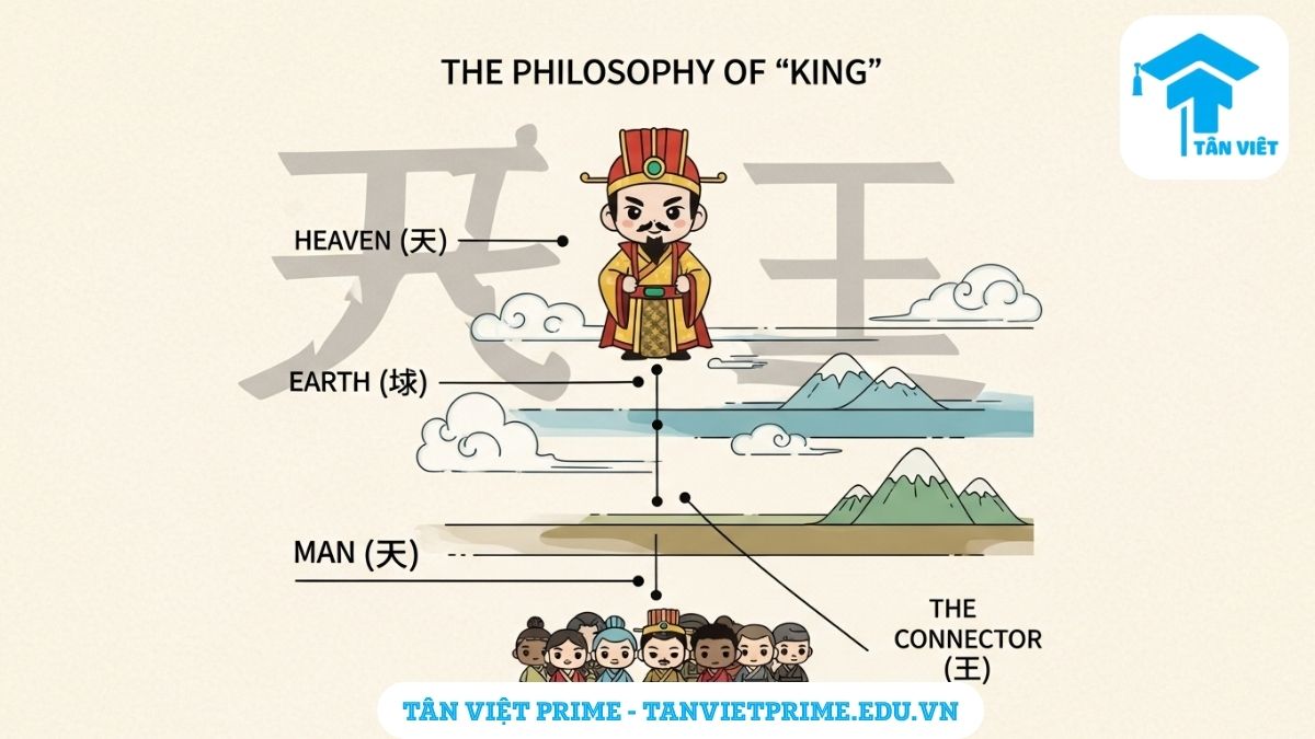 Chữ Vương trong tiếng Hán (王): Ý Nghĩa, Cách Viết & Biểu Tượng Quyền Lực 2 Infographic giải thích triết lý của chữ Vương (王), mô tả một vị vua chibi nối liền 3 cõi Thiên - Địa - Nhân để làm rõ nguồn gốc và ý nghĩa sâu sắc của Hán tự này. Tìm hiểu văn hóa Trung Quốc.