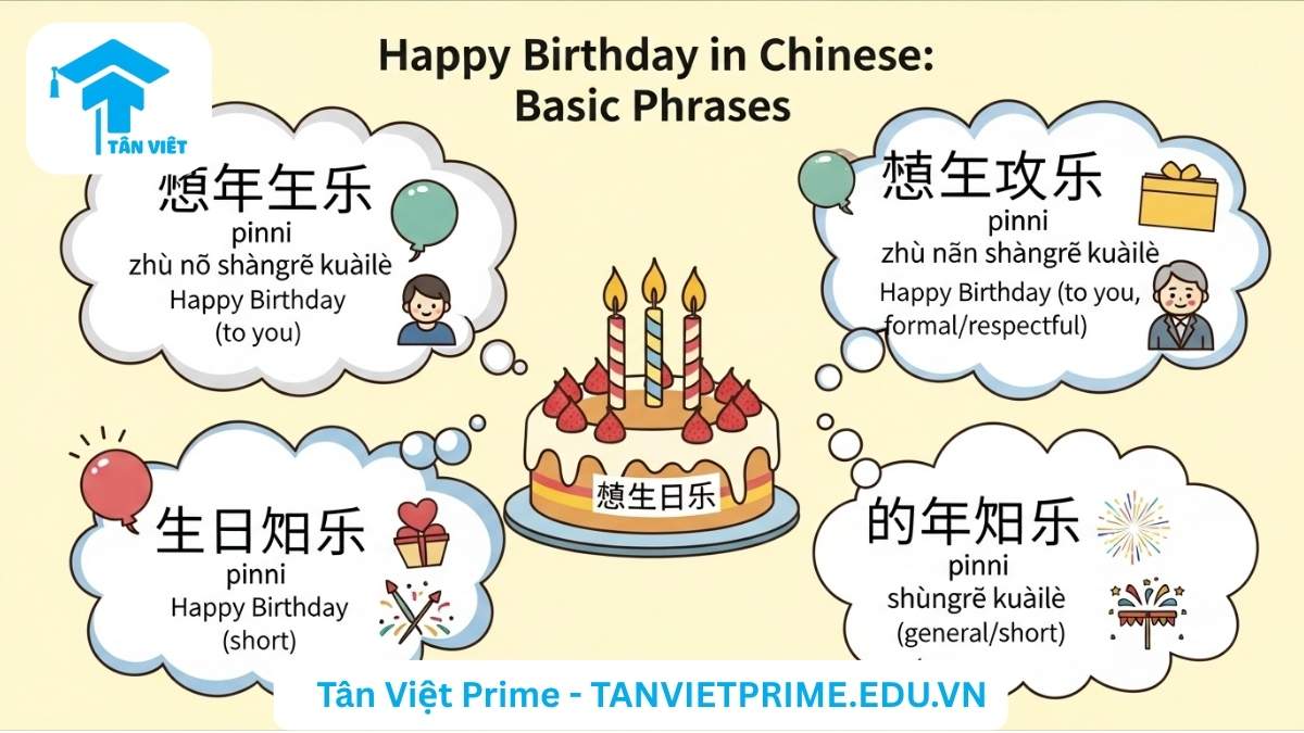 Infographic giải thích các cách nói "Chúc mừng sinh nhật" cơ bản trong tiếng Trung, mô tả một chiếc bánh kem trung tâm với các bong bóng lời thoại chứa các câu chúc phổ biến (生日快乐, 祝你生日快乐, 祝您生日快乐) kèm Pinyin và ý nghĩa, để làm rõ các cụm từ quan trọng nhất. Hình ảnh giúp người học tiếng Trung dễ dàng nắm bắt các lời chúc cơ bản.