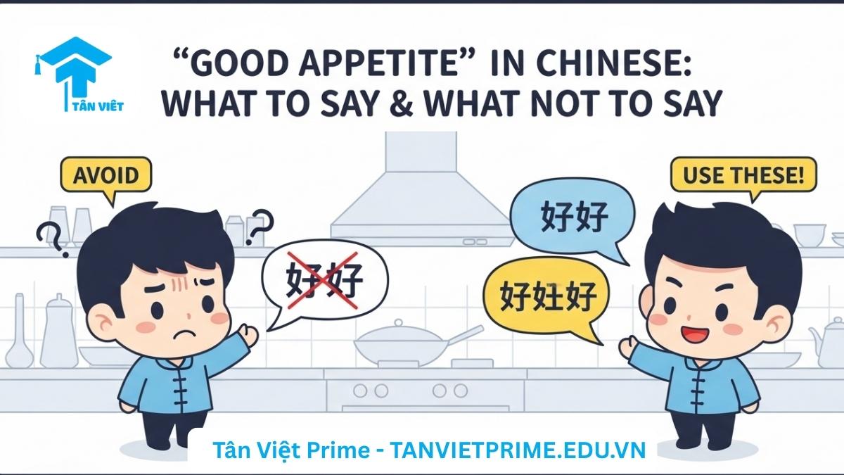 Infographic so sánh cách nói "chúc ngon miệng tiếng Trung", mô tả nhân vật chibi bối rối với câu "祝你好胃口" bị gạch bỏ và nhân vật khác gợi ý các cụm từ tự nhiên hơn như "慢慢吃" và "请慢用", làm rõ cách tránh những lỗi thường gặp khi giao tiếp.