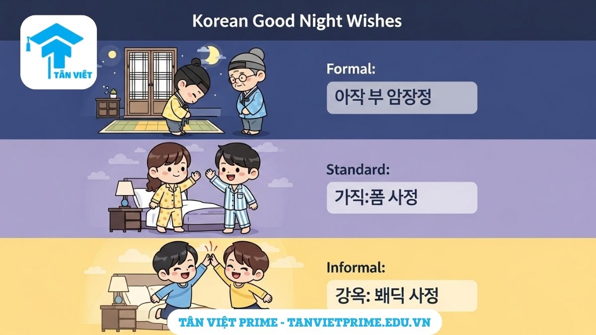 Chúc Ngủ Ngon Tiếng Hàn: Phân Biệt 잘 자요 & 안녕히 주무세요 2 Infographic giải thích 3 cấp độ nói "Chúc ngủ ngon" tiếng Hàn, mô tả ba nhân vật chibi trong các tình huống trang trọng, lịch sự và thân mật để làm rõ cách dùng kính ngữ phù hợp với người lớn tuổi, bạn bè.
