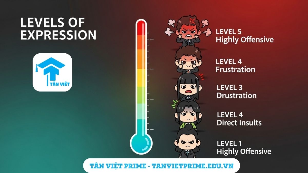 Infographic giải thích các cấp độ nặng nhẹ của tiếng lóng và lời lẽ gay gắt trong tiếng Trung, sử dụng hình ảnh một nhiệt kế cảm xúc và 5 nhân vật chibi thể hiện sự tức giận tăng dần để làm rõ sự khác biệt về sắc thái. Học để nhận biết và phòng thân.