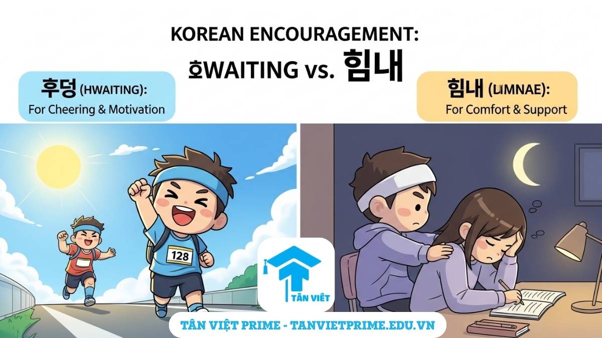 Cố Lên Tiếng Hàn: Cẩm Nang Phân Biệt 화이팅 & 힘내 2 Infographic giải thích sự khác biệt giữa '화이팅' và '힘내' trong tiếng Hàn, mô tả một bên là nhân vật chibi đang cổ vũ năng lượng, một bên là đang an ủi bạn bè, để làm rõ khi nào nên dùng lời khích lệ và khi nào nên dùng lời động viên.