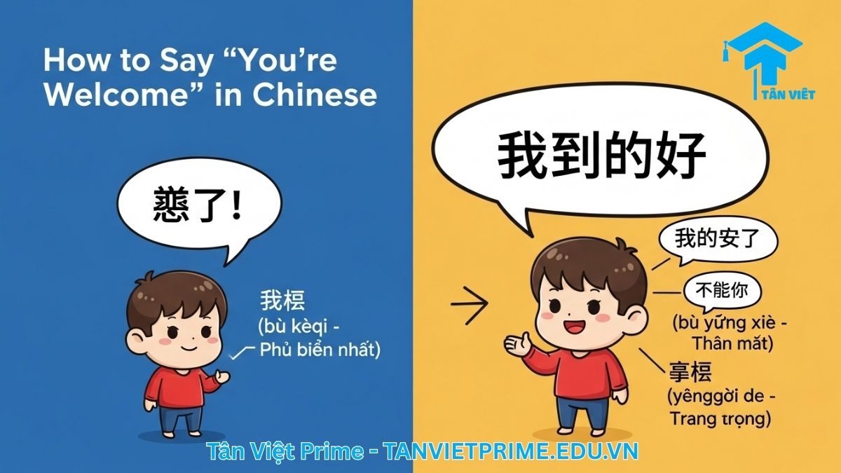 Xièxie (谢谢): Cách nói Cảm Ơn Tiếng Trung & Văn Hóa Giao Tiếp 3 Sơ đồ minh họa các cách đáp lại lời cảm ơn tiếng Trung, mô tả một nhân vật nói "谢谢" và nhân vật kia đáp lại bằng "不客气" (bù kèqi) cùng các cụm từ khác để làm rõ sự khác biệt về mức độ trang trọng và thân mật.