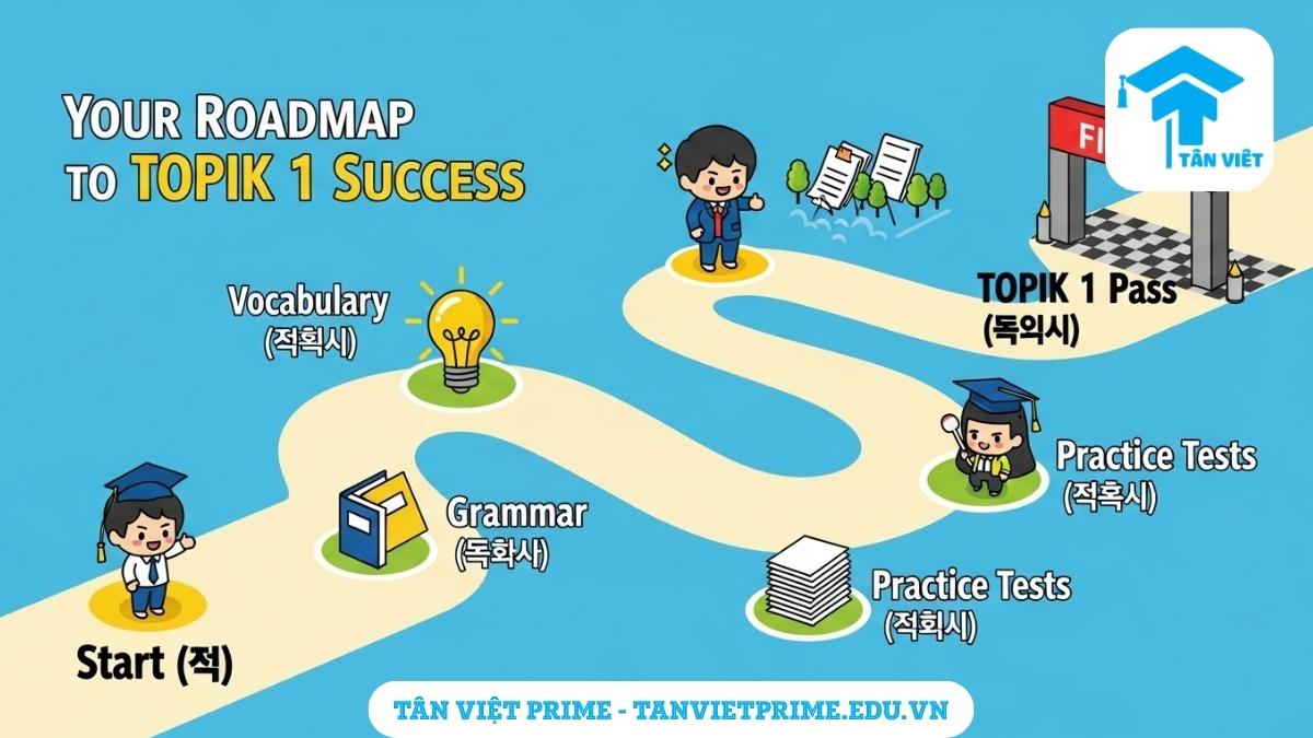 Hình ảnh minh họa giải thích lộ trình ôn thi TOPIK 1, mô tả một nhân vật chibi đi trên con đường có các cột mốc như "Từ vựng", "Ngữ pháp", và "Luyện đề" để làm rõ các bước cần thiết để thi đỗ. Download đề thi thật để luyện tập.