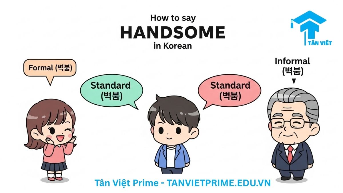 "Đẹp Trai Quá!" Tiếng Hàn: Cẩm Nang Khen Ngợi & Giao Tiếp Tự Nhiên 2 Infographic giải thích các cấp độ lịch sự khi nói "đẹp trai" tiếng Hàn, mô tả các nhân vật chibi trong tình huống giao tiếp trang trọng, tiêu chuẩn và thân mật để làm rõ cách dùng đúng của 잘생겼어요. Bao gồm các ví dụ và phiên âm