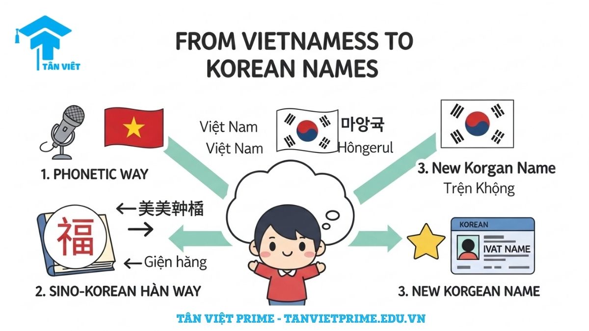 Infographic giải thích ba cách dịch tên tiếng Việt sang tiếng Hàn, mô tả một nhân vật chibi Việt Nam với ba con đường dẫn đến tên tiếng Hàn: theo phiên âm, theo Hán-Hàn và đặt tên mới, để làm rõ sự khác biệt giữa các phương pháp dịch tên. Bảng tra cứu tên Việt-Hàn.
