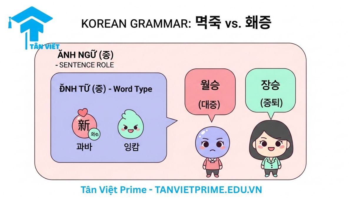 Sơ đồ giải thích sự khác biệt giữa Định từ (관형사) và Định ngữ (관형어) trong tiếng Hàn, mô tả một hộp nhỏ 'Định từ' lồng trong hộp lớn 'Định ngữ' để làm rõ Định từ là một loại từ, còn Định ngữ là một chức năng ngữ pháp. Phân biệt ngữ pháp tiếng Hàn cơ bản
