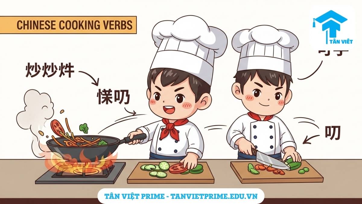 Hình ảnh minh họa giải thích các động từ nấu ăn bằng tiếng Trung, mô tả một đầu bếp chibi đang thực hiện các hành động xào (炒) và thái (切) để làm rõ cách diễn đạt các hoạt động trong bếp. Học động từ tiếng Trung qua hình ảnh sinh động.