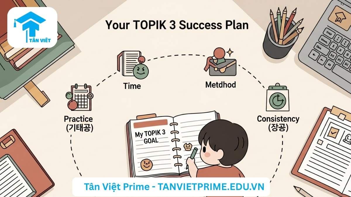 Infographic giải thích lộ trình học TOPIK 3, mô tả một nhân vật chibi đang đi trên con đường có 3 giai đoạn học tập (Foundation, Acceleration, Mastery) để chinh phục mục tiêu TOPIK 3, làm rõ các bước cần thiết để đạt TOPIK 3 từ con số 0. Hiểu rõ các giai đoạn học tiếng Hàn trung cấp.