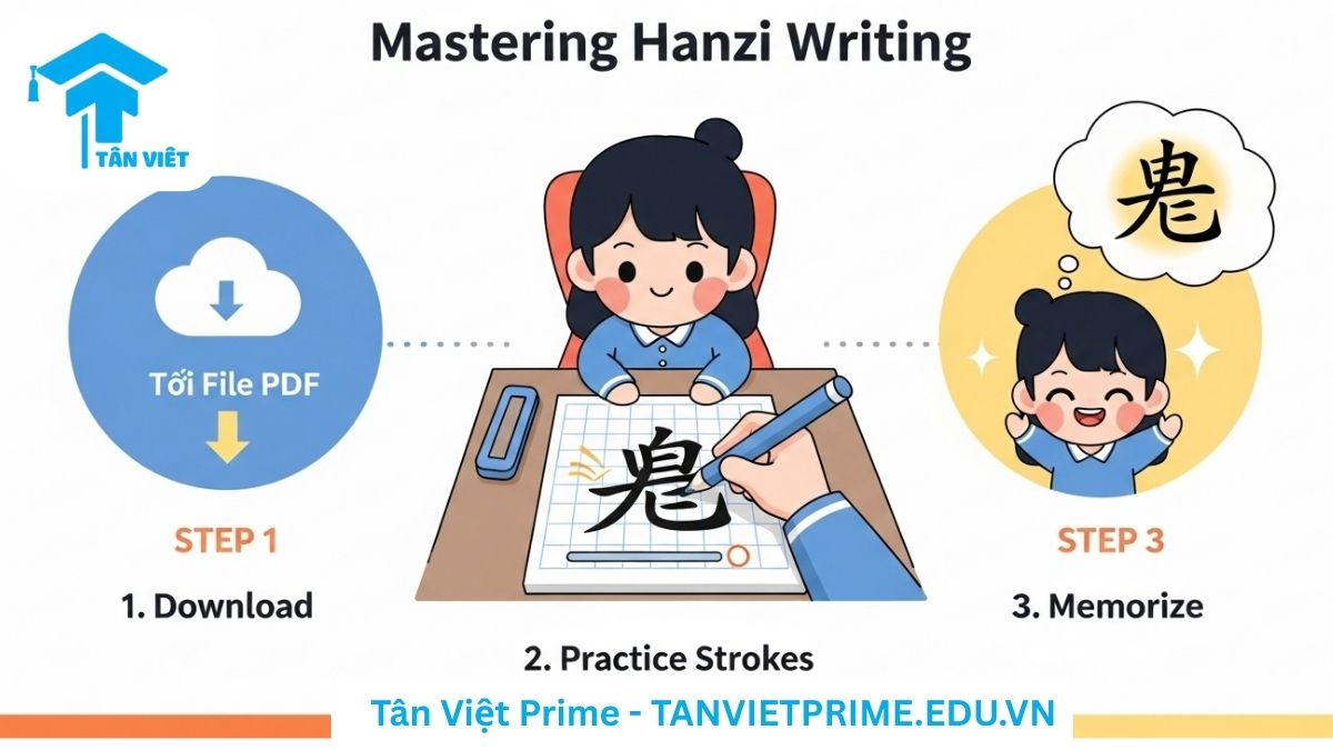 File Luyện Viết Chữ Hán (PDF): Tải Miễn Phí & Hướng Dẫn Luyện Viết Hiệu Quả A-Z 2 Infographic giải thích quy trình luyện viết chữ Hán hiệu quả, mô tả một nhân vật chibi thực hiện 3 bước: tải file PDF, tập viết theo từng nét trên giấy kẻ ô, và ghi nhớ thành công ký tự, để làm rõ các bước học viết chữ Hán từ tài liệu đến thực hành. Hướng dẫn tự học tiếng Trung cho người mới bắt đầu.