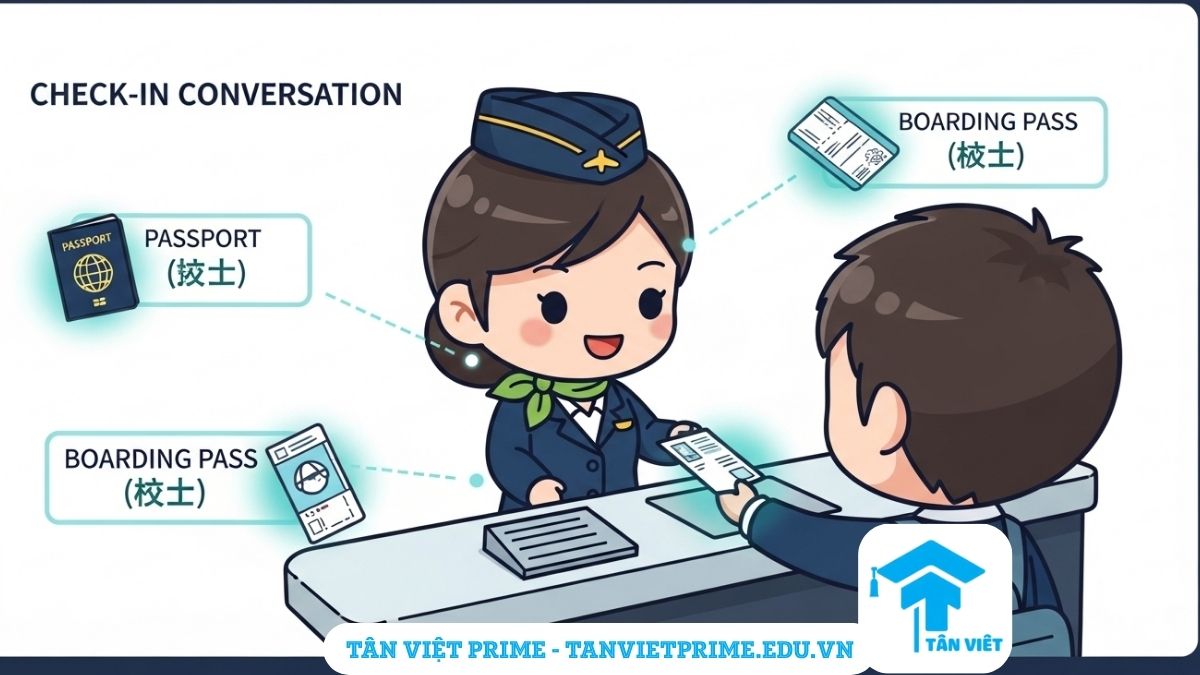 Từ Vựng Tiếng Trung Sân Bay (2025): Cẩm Nang Giao Tiếp Toàn Diện A-Z 3 Hình ảnh minh họa giải thích các mẫu câu giao tiếp tiếng Trung khi check-in, mô tả một hành khách chibi đang làm thủ tục với nhân viên sân bay, cùng các vật dụng quan trọng như hộ chiếu và vé máy bay để làm rõ các từ vựng cần thiết cho việc làm thủ tục. Hướng dẫn hội thoại tiếng Trung tại quầy check-in.