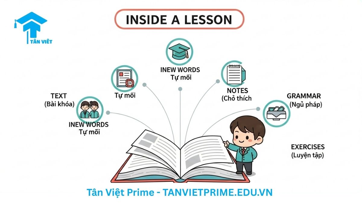 Infographic phân tích cấu trúc một bài học trong Giáo trình Hán ngữ Quyển 5, với các mục chính như Bài khóa, Từ mới, Ngữ pháp, Chú thích và Luyện tập được minh họa bằng icon chibi, giúp người học hình dung rõ ràng nội dung cần nắm bắt.
