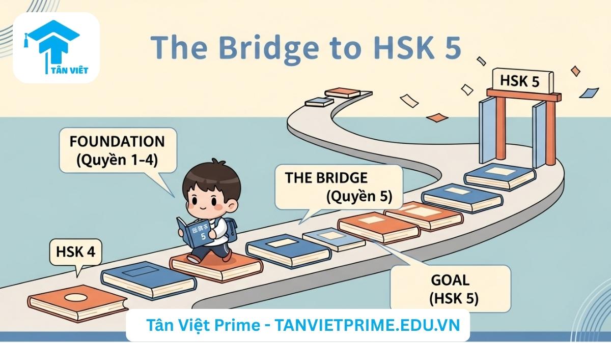 Infographic minh họa lộ trình học Giáo trình Hán ngữ Quyển 5, mô tả một nhân vật chibi bước trên con đường sách từ cột mốc HSK 4 đến cổng HSK 5, nhấn mạnh vai trò của sách là cầu nối chinh phục trình độ tiếng Trung cao cấp.