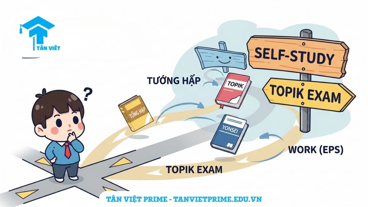 Infographic giải thích cách lựa chọn giáo trình tiếng Hàn phù hợp, mô tả một học sinh chibi đứng trước ngã ba đường tương ứng với các mục tiêu "Tự học", "Thi TOPIK", "Đi làm" để làm rõ các lựa chọn sách khác nhau cho từng nhu cầu. Gợi ý các giáo trình Tiếng Hàn Tổng Hợp, Yonsei, EPS-TOPIK.