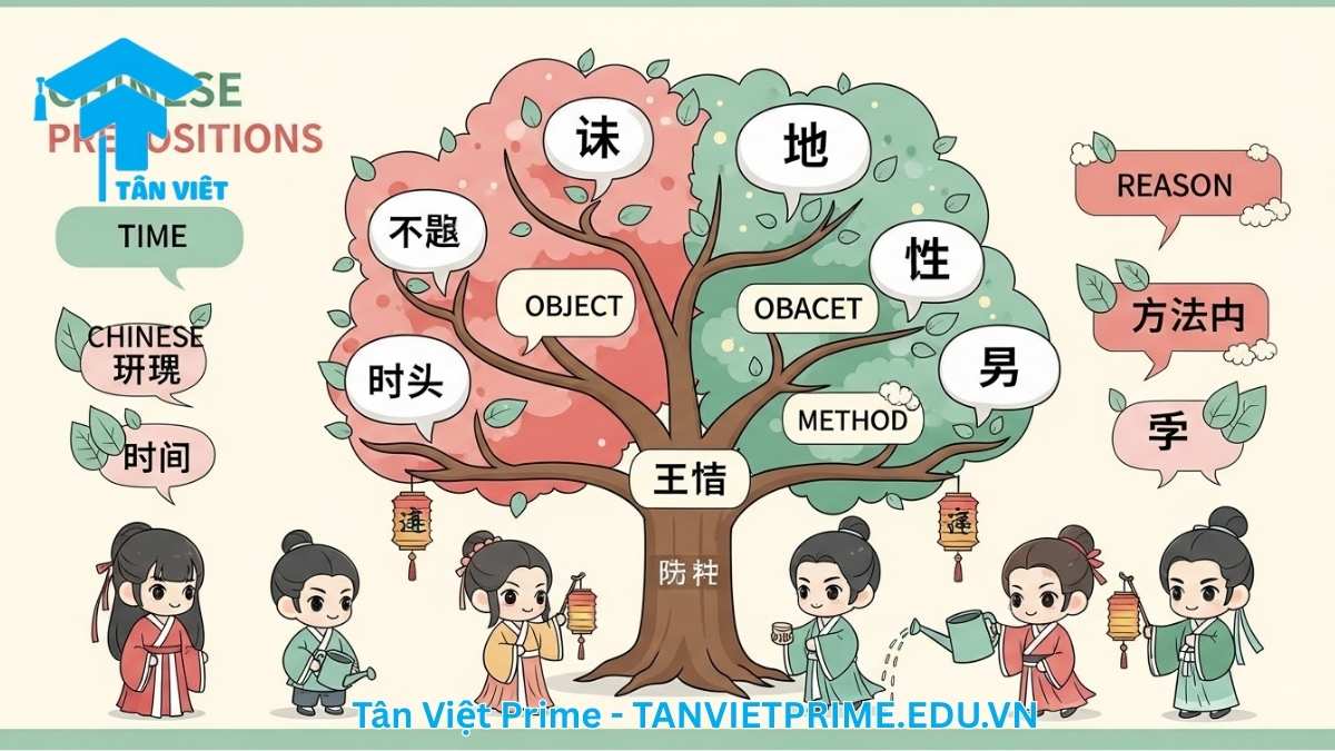 Infographic giải thích các loại giới từ trong tiếng Trung, mô tả một cây kiến thức với các nhánh là từng loại giới từ (thời gian, địa điểm, đối tượng) để làm rõ cách phân loại và hệ thống hóa kiến thức. Hình ảnh giúp người học ghi nhớ các giới từ một cách trực quan và sinh động.