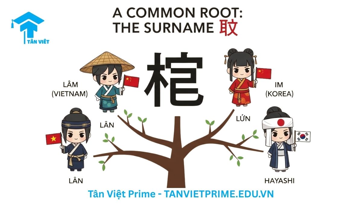 Sơ đồ minh họa sự phổ biến của họ Lâm (林) ở các nước châu Á, mô tả chữ Lâm (林) ở trung tâm kết nối với các nhân vật chibi đại diện cho Việt Nam (Lâm), Trung Quốc (Lín), Hàn Quốc (Im), và Nhật Bản (Hayashi), làm rõ giá trị văn hóa và sự lan tỏa của Hán tự.