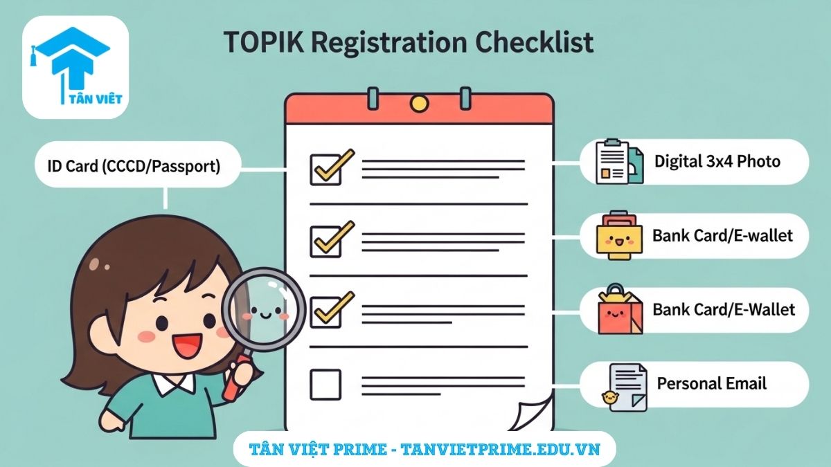 Infographic giải thích các hồ sơ cần chuẩn bị để đăng ký thi TOPIK, mô tả các giấy tờ cần thiết như ảnh thẻ, CCCD, và thẻ thanh toán để làm rõ yêu cầu của ban tổ chức. Chuẩn bị đầy đủ giúp quá trình đăng ký diễn ra nhanh chóng.