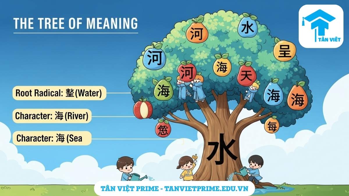 Full 214 Bộ Thủ Tiếng Trung: Bảng Tra Cứu Đầy Đủ & Cách Học Hiệu Quả 3 Hình ảnh minh họa giải thích cách học bộ thủ tiếng Trung, mô tả một "cây ý nghĩa" với bộ thủ Nước (氵) làm gốc và các chữ Hán liên quan (sông, biển) mọc ra từ cành, làm rõ cách bộ thủ gợi nghĩa cho từ. Giúp đoán nghĩa từ vựng hiệu quả.