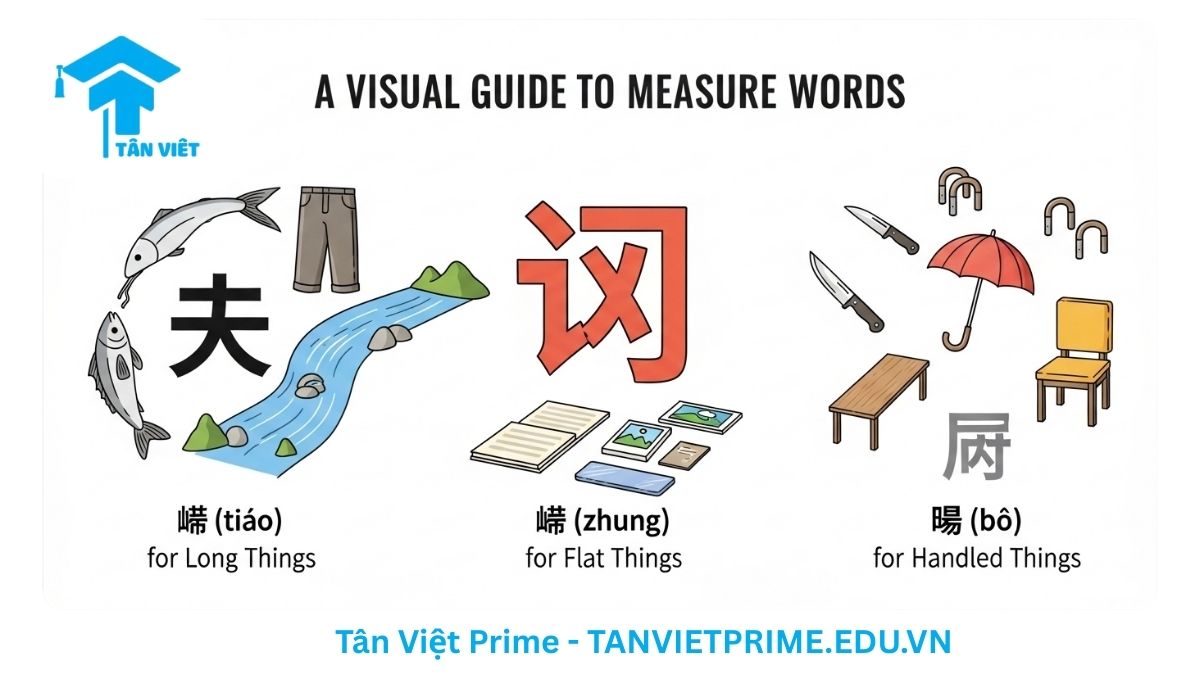 Sơ đồ giải thích cách học lượng từ tiếng Trung theo hình dạng, mô tả các nhóm vật thể dài (dùng 条), vật thể phẳng (dùng 张), và vật có tay cầm (dùng 把) để làm rõ mẹo ghi nhớ lượng từ một cách trực quan và hiệu quả.