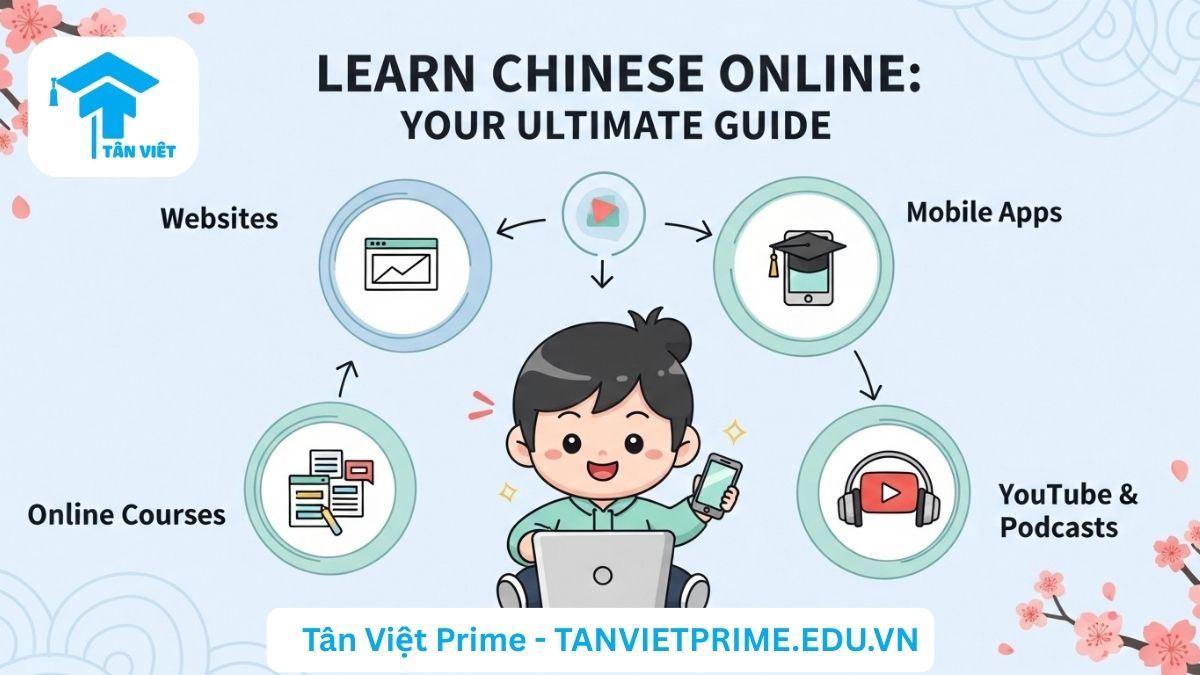 Infographic giải thích các phương pháp học tiếng Trung Online, mô tả một học sinh chibi đang tương tác với laptop và điện thoại, xung quanh là các biểu tượng website, ứng dụng, khóa học và YouTube để làm rõ lộ trình học toàn diện. Hình ảnh nhấn mạnh sự tiện lợi và đa dạng của các tài nguyên học tiếng Trung trực tuyến.