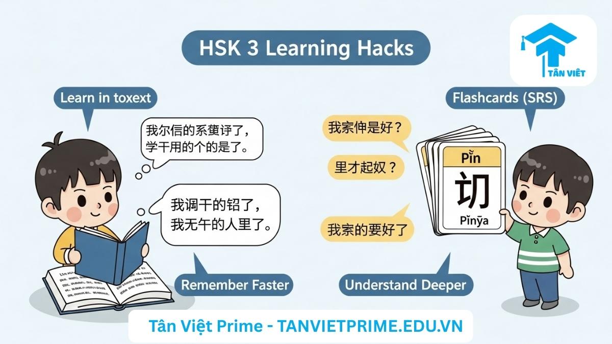 Từ Vựng HSK 3: Trọn Bộ 600 Từ Theo Chuẩn HSK 2.0 (Kèm PDF & Ví Dụ) 3 Infographic minh họa các chiến lược học từ vựng HSK 3 hiệu quả, mô tả học theo ngữ cảnh và sử dụng flashcards (hệ thống lặp lại ngắt quãng) với hình ảnh chibi học sinh để làm rõ phương pháp ghi nhớ. Tối ưu hóa việc học và ghi nhớ từ vựng tiếng Trung.