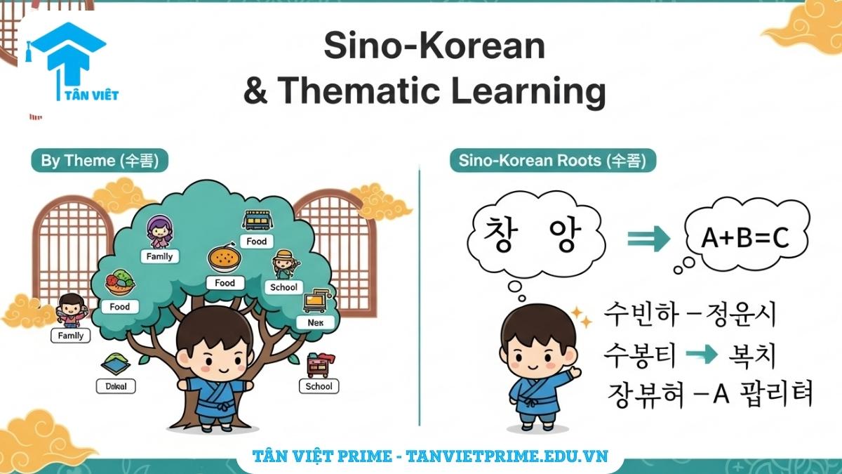 Hình ảnh minh họa hai phương pháp học từ vựng tiếng Hàn hiệu quả: học theo chủ đề với sơ đồ cây và học từ vựng Hán-Hàn thông qua liên kết gốc từ, mô tả sinh động cách nhóm từ và suy luận nghĩa để cải thiện vốn từ vựng. Hình ảnh có phong cách chibi đáng yêu, kết hợp yếu tố văn hóa Hàn Quốc, Trung Quốc.