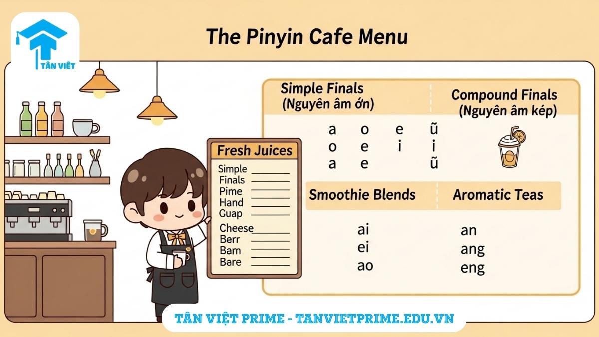 Hình ảnh minh họa các loại Vận Mẫu Tiếng Trung, mô tả một menu quán cà phê chibi, nơi mỗi loại đồ uống tượng trưng cho nguyên âm đơn, kép, và mũi để làm rõ cách phân loại vần trong Pinyin một cách thú vị.