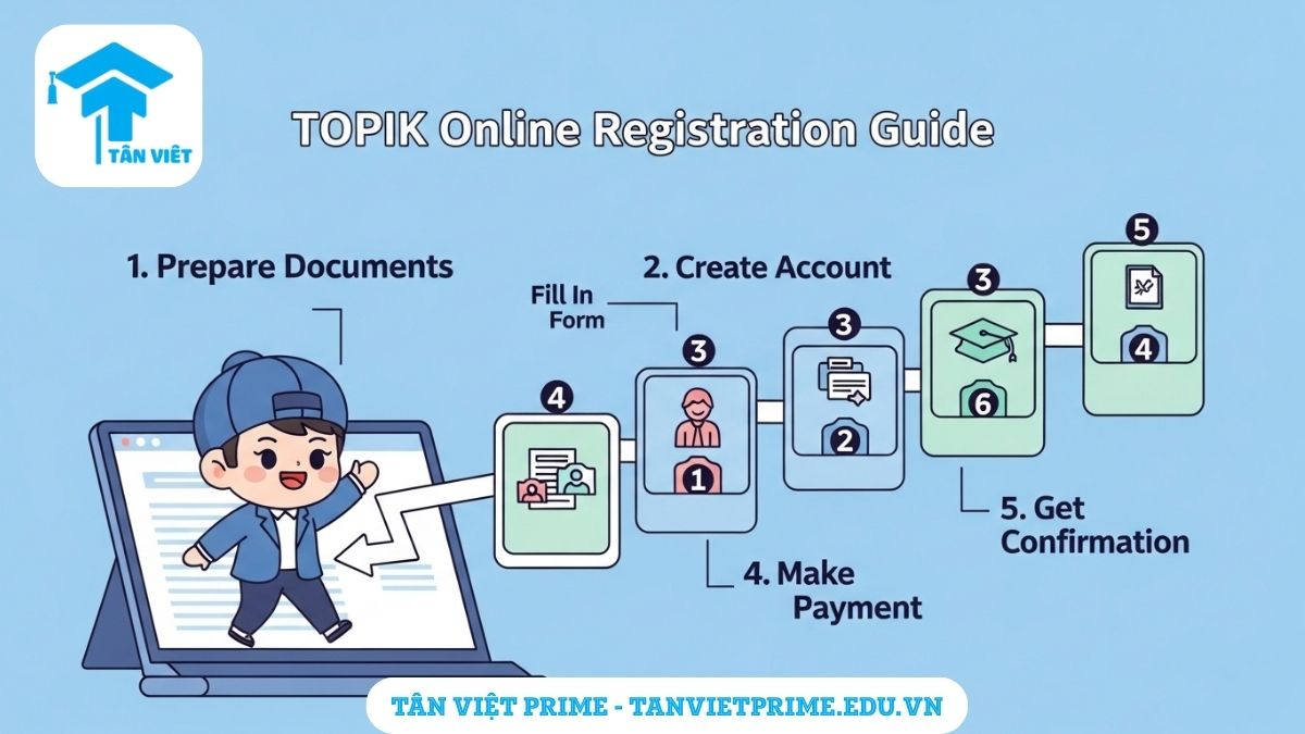 Infographic giải thích quy trình đăng ký thi TOPIK online, mô tả 5 bước chính từ chuẩn bị hồ sơ đến nhận xác nhận để làm rõ các thao tác cần thiết. Hướng dẫn giúp thí sinh đăng ký thành công và tránh sai sót.