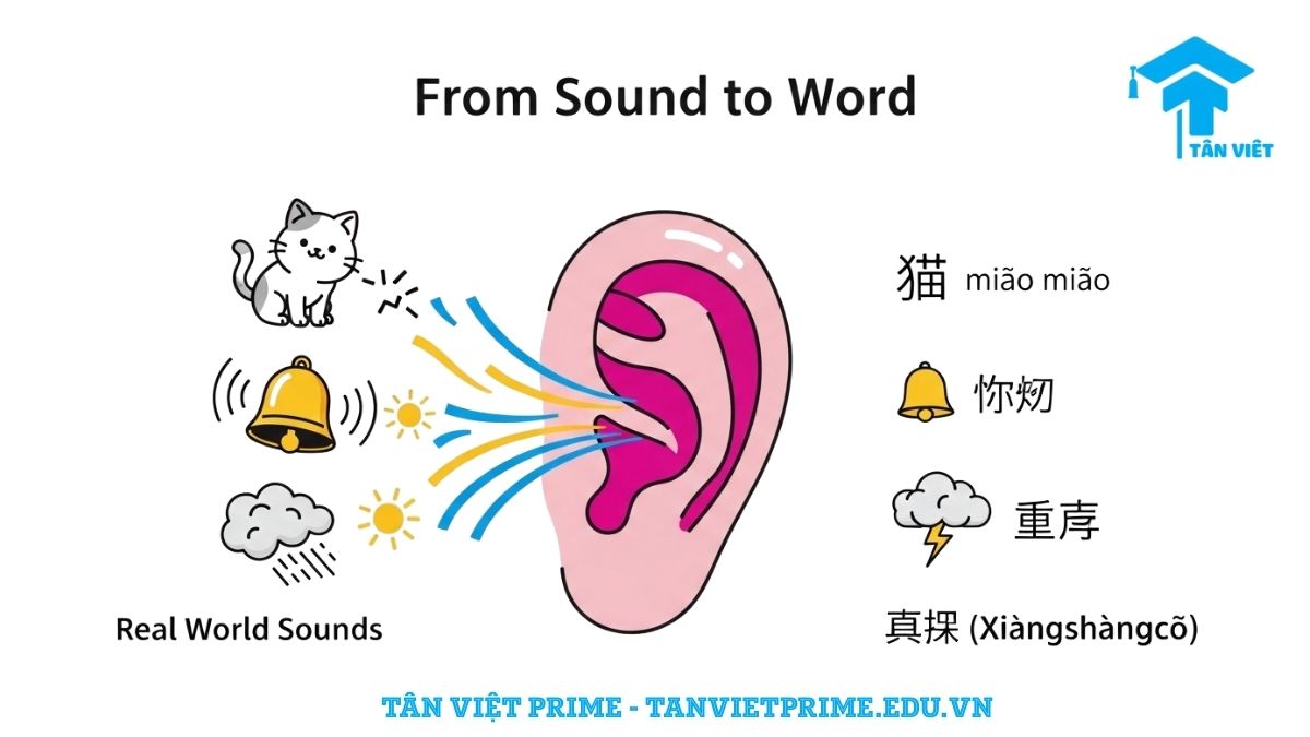 Hình ảnh minh họa khái niệm từ tượng thanh tiếng Trung, mô tả âm thanh từ các sự vật (mèo, chuông, sấm sét) được chuyển hóa thành chữ Hán tương ứng (喵喵, 叮当, 轰隆), làm rõ cách ngôn ngữ mô phỏng âm thanh thực tế một cách sinh động.