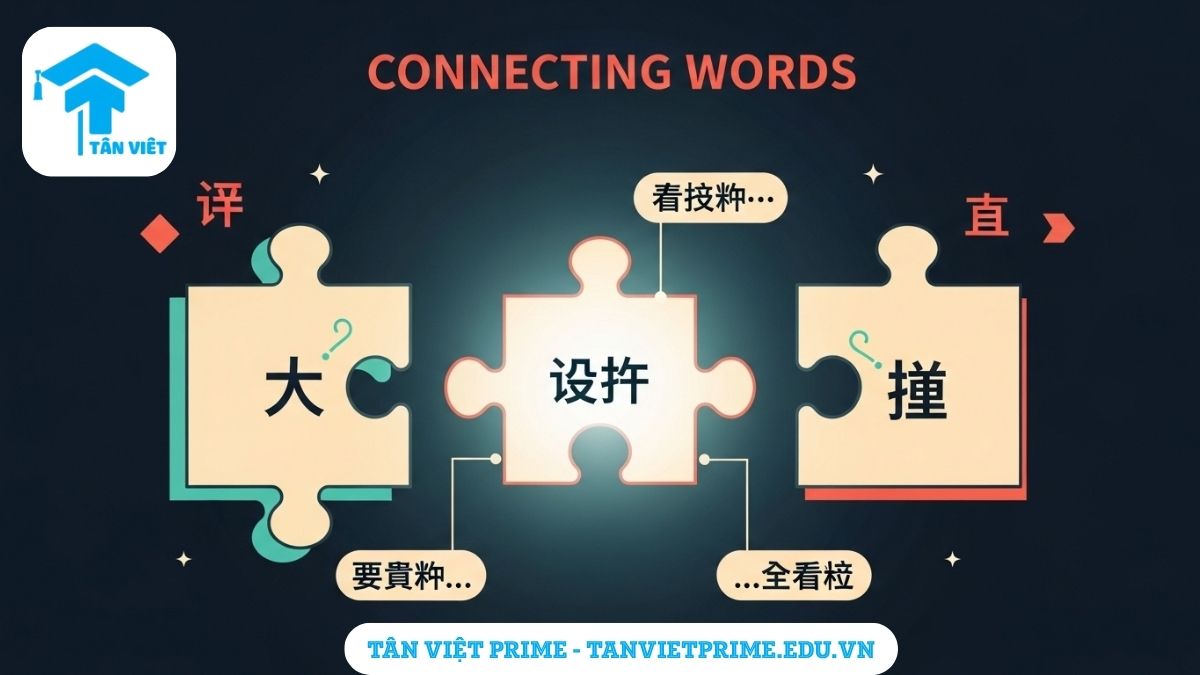Infographic giải thích cách dùng liên từ tiếng Trung, mô tả một mảnh ghép trung tâm có chữ "连词" kết nối hai mảnh ghép lớn hơn để làm rõ liên từ là "mảnh ghép" không thể thiếu để tạo nên một câu hoàn chỉnh. Phân loại và cách dùng chi tiết.