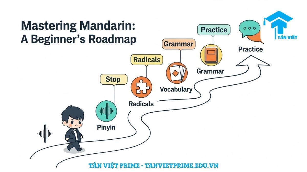 Infographic giải thích lộ trình học tiếng Trung, mô tả các bước từ Phát âm Pinyin, Bộ thủ, Từ vựng, Ngữ pháp đến Luyện tập để làm rõ con đường chinh phục Hán ngữ cho người mới bắt đầu. Cung cấp kế hoạch học tập hiệu quả.