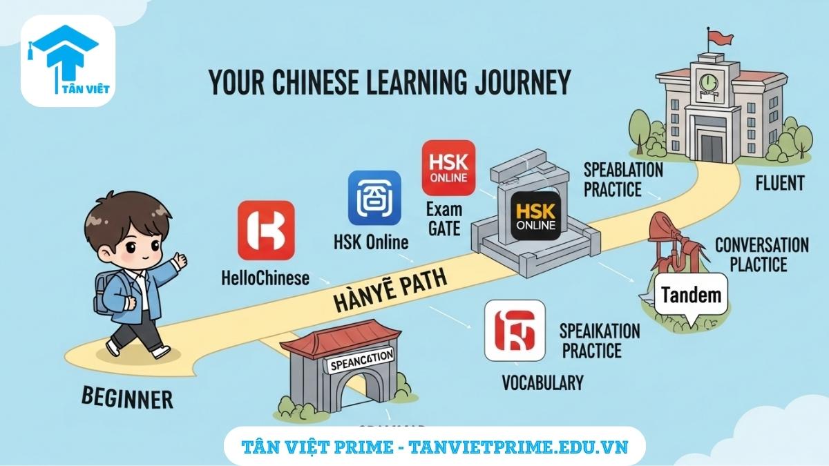 Infographic giải thích lộ trình học tiếng Trung, mô tả một con đường với các trạm dừng là các ứng dụng khác nhau để làm rõ cách kết hợp app cho từng giai đoạn học. Hướng dẫn lựa chọn app học tiếng Trung hiệu quả.