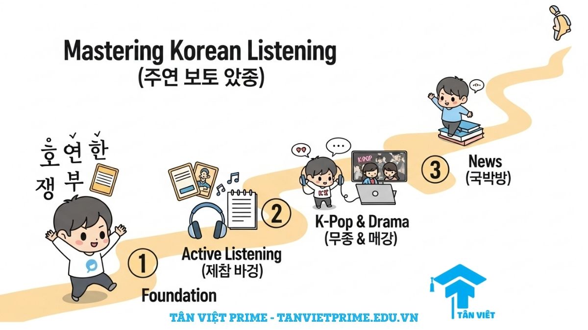 Infographic giải thích Lộ trình luyện nghe tiếng Hàn, mô tả một nhân vật chibi đi theo con đường từ xây dựng nền tảng (phát âm, từ vựng) đến nghe chủ động và tận dụng tài nguyên như K-pop, K-drama để làm rõ các phương pháp học hiệu quả.