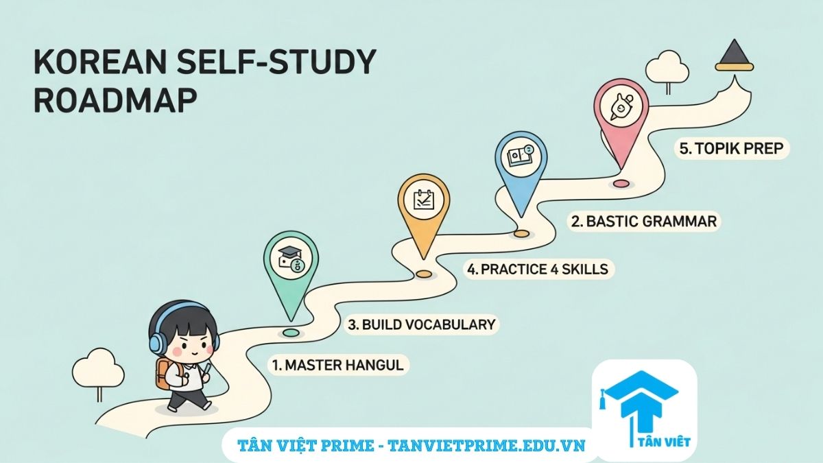 Infographic giải thích lộ trình 5 bước tự học tiếng Hàn, mô tả nhân vật chibi đi trên con đường 5 giai đoạn từ học bảng chữ cái Hangul đến luyện thi TOPIK để làm rõ toàn bộ quá trình học một cách trực quan. Lộ trình học tiếng Hàn hiệu quả cho người mới bắt đầu.