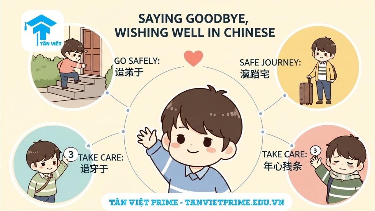 10+ Cách Nói "Tạm Biệt" Tiếng Trung: Phân Biệt Zàijiàn, Bàibài, Bǎozhòng 3 Hình ảnh minh họa giải thích những lời tạm biệt tiếng Trung mang ý nghĩa lời chúc, mô tả các tình huống sử dụng "Màn zǒu" (đi cẩn thận), "Yīlù píng'ān" (thượng lộ bình an), và "Bǎozhòng" (bảo trọng) để làm rõ cách giao tiếp ấm áp và chân thành.