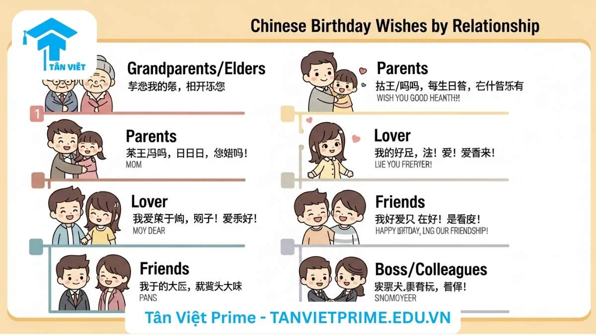 Infographic minh họa các lời chúc mừng sinh nhật tiếng Trung theo từng đối tượng, mô tả các panel riêng biệt cho ông bà, bố mẹ, người yêu, bạn bè và đồng nghiệp với hình ảnh chibi đại diện và các câu chúc bằng tiếng Trung kèm dịch nghĩa, giúp người đọc chọn lời chúc phù hợp cho từng mối quan hệ.