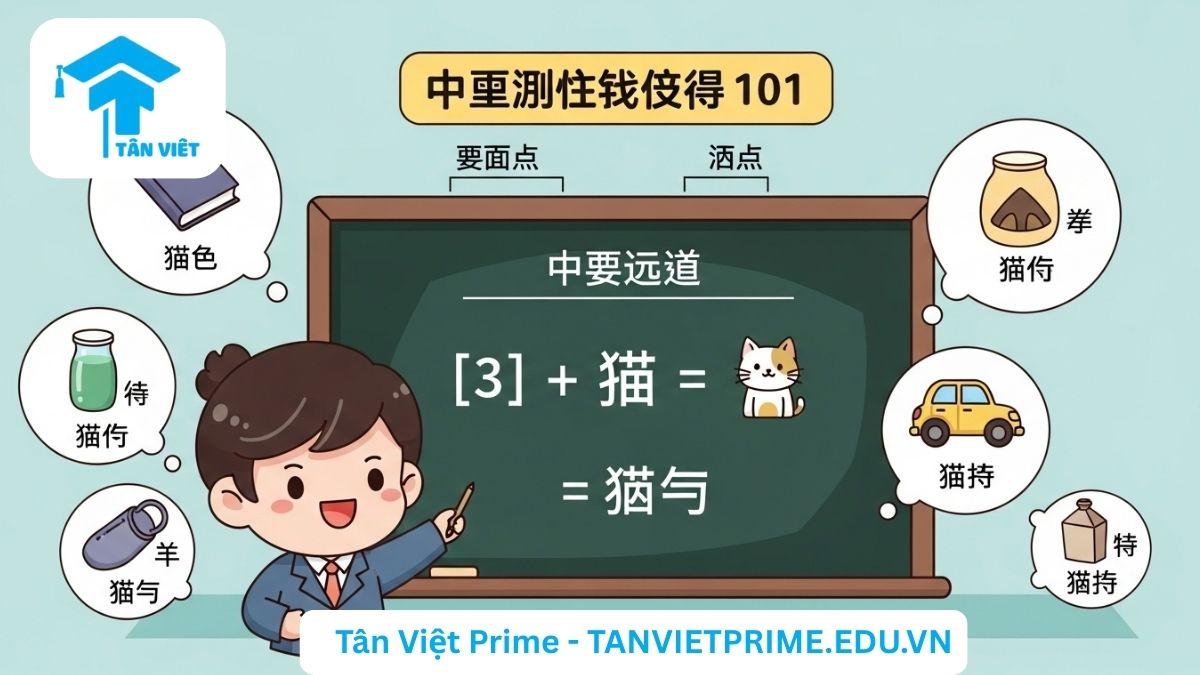 Infographic giải thích khái niệm Lượng từ trong tiếng Trung, mô tả một giáo viên chibi chỉ vào cấu trúc ngữ pháp "Số từ + Lượng từ + Danh từ" với ví dụ "三只猫" (ba con mèo) để làm rõ quy tắc cơ bản và bắt buộc cho người mới học.