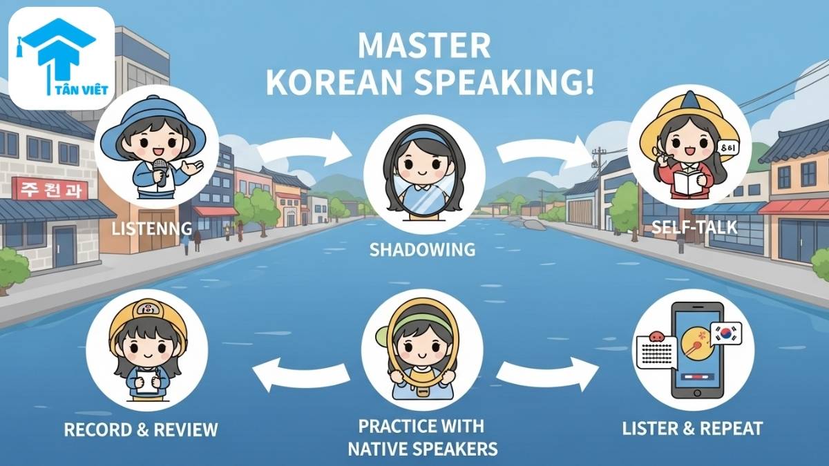 Luyện Nói Tiếng Hàn: 14+ Phương Pháp Để Giao Tiếp Tự Tin Như Người Bản Xứ 2 Hình ảnh minh họa các phương pháp luyện nói tiếng Hàn hiệu quả, mô tả hành trình học qua nhân vật chibi đáng yêu trong bối cảnh thành phố Hàn Quốc, giúp người học dễ hình dung và áp dụng bí quyết giao tiếp trôi chảy.
