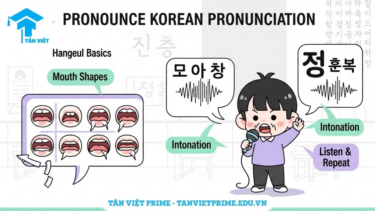 Luyện Nói Tiếng Hàn: 14+ Phương Pháp Để Giao Tiếp Tự Tin Như Người Bản Xứ 3 Infographic minh họa các bước học phát âm tiếng Hàn chuẩn, mô tả nhân vật chibi đang luyện tập khẩu hình miệng và ngữ điệu, nhấn mạnh tầm quan trọng của phát âm đúng ngay từ đầu để nói tự tin.