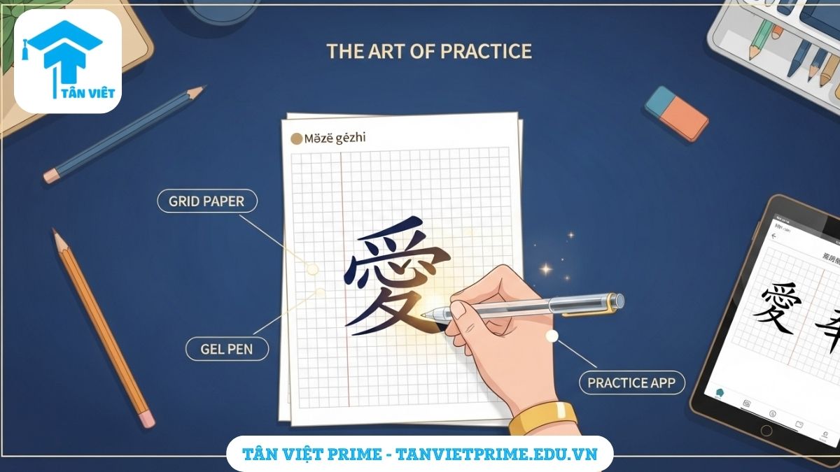 Tập Viết Chữ Hán: Hướng Dẫn Toàn Diện A-Z Cho Người Mới Bắt Đầu 4 Hình ảnh minh họa giải thích việc luyện viết chữ Hán, mô tả một bàn học hiện đại với vở ô ly, bút viết, và một Hán tự đẹp đang được hình thành để làm rõ tầm quan trọng của việc thực hành kiên trì và đúng công cụ. Truyền cảm hứng luyện viết chữ Hán đẹp.
