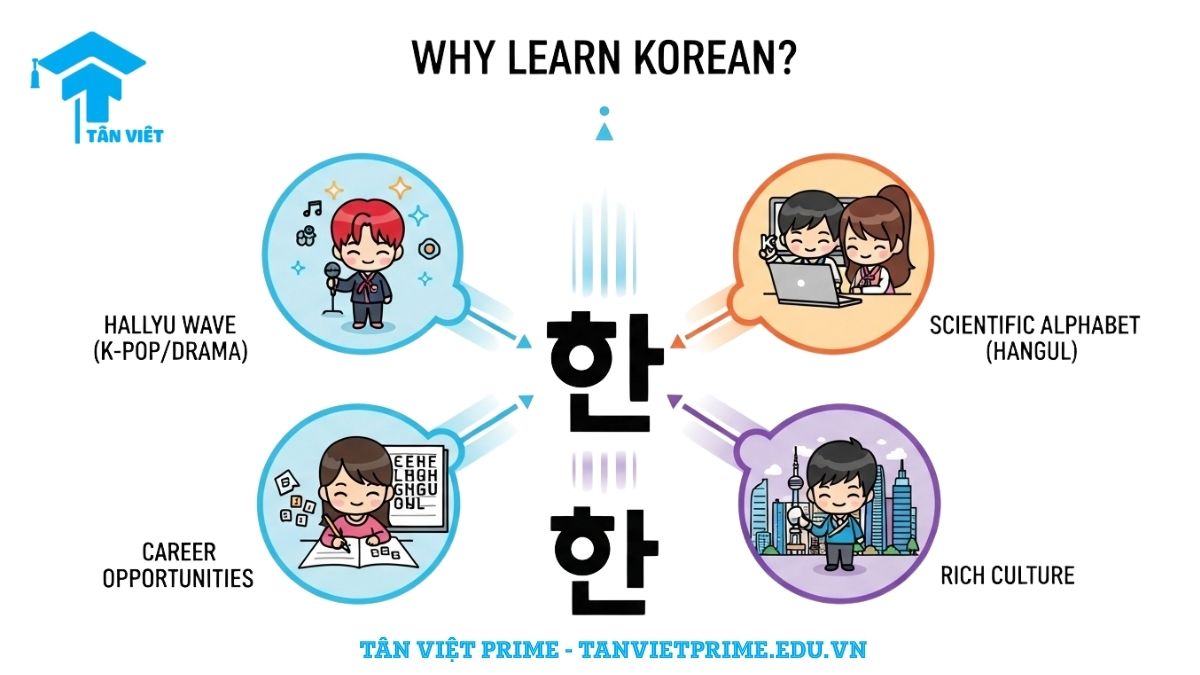 Infographic giải thích các lý do tiếng Hàn phổ biến, mô tả các biểu tượng của K-pop, K-drama, bảng chữ cái Hangul và cơ hội sự nghiệp để làm rõ sức hút của ngôn ngữ này đối với người học toàn cầu, nhấn mạnh lợi ích học tiếng Hàn.