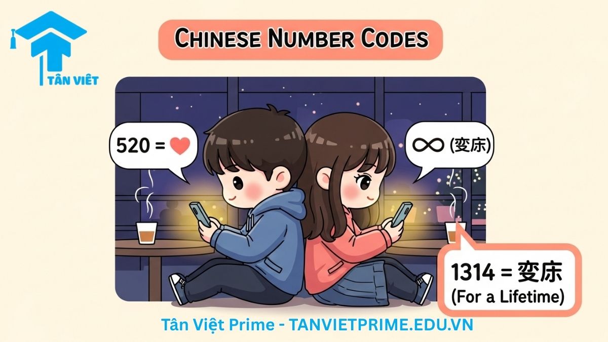 100+ Câu Thả Thính Tiếng Trung & Bí Kíp Tán Tỉnh Như Người Bản Xứ 3 Hình ảnh minh họa giải thích các mật mã số trong tiếng Trung, mô tả một cặp đôi chibi đang nhắn tin với các số 520 (Anh yêu em) và 1314 (Trọn đời) để làm rõ cách giới trẻ Trung Quốc sử dụng số để tỏ tình một cách sáng tạo và lãng mạn.