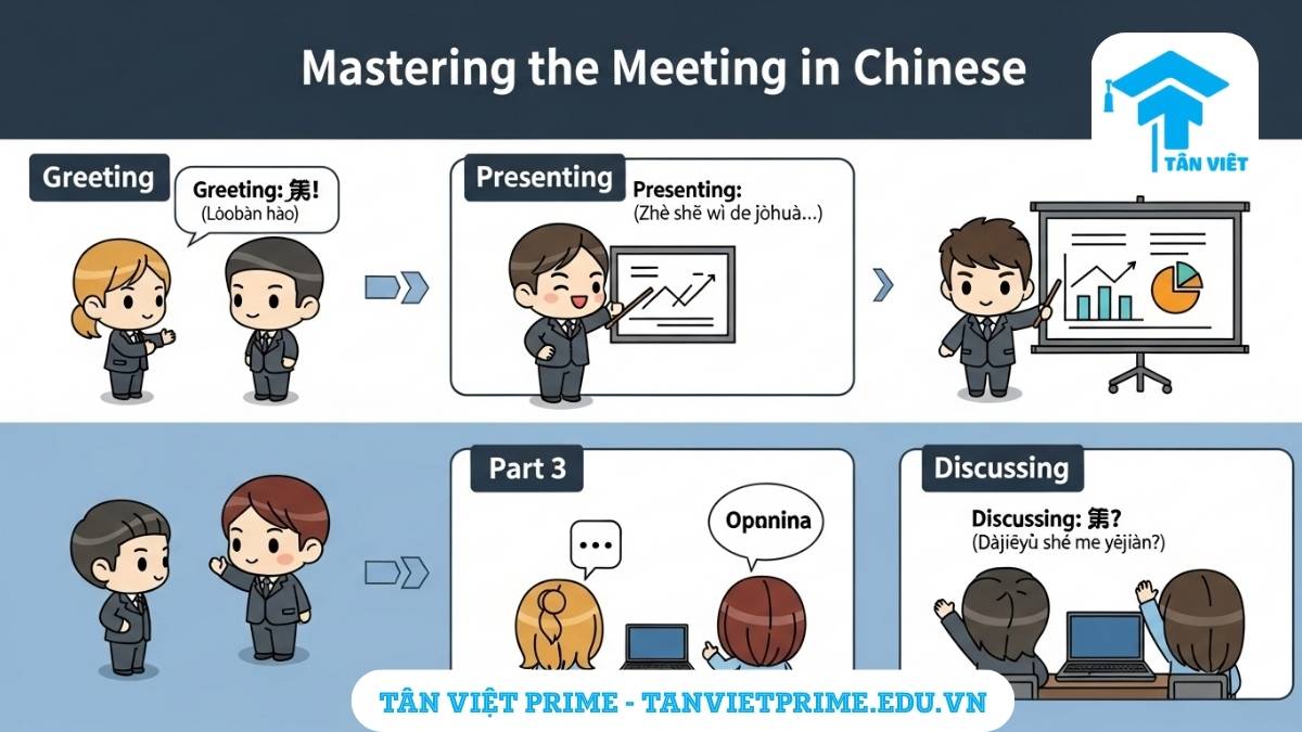 Tiếng Trung Giao Tiếp Cho Người Đi Làm: 100+ Mẫu Câu & Từ Vựng Công Sở 3 Hình ảnh minh họa giải thích các mẫu câu chính khi họp bằng tiếng Trung, mô tả một kịch bản 3 bước trong phòng họp (chào hỏi, trình bày, thảo luận) để làm rõ cách sử dụng các câu giao tiếp công sở quan trọng.