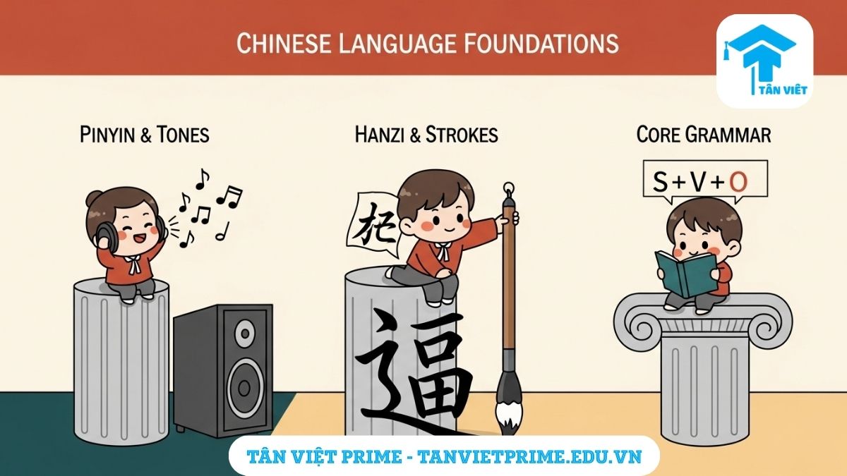 Tự Học Tiếng Trung Tại Nhà: Cẩm Nang Toàn Diện Từ A-Z (2025) 3 Sơ đồ minh họa giải thích 3 nền tảng cốt lõi khi tự học tiếng Trung, mô tả ba cột trụ vững chắc là Phát Âm (Pinyin), Chữ Hán (Hanzi), và Ngữ Pháp cơ bản để làm rõ những kiến thức quan trọng nhất cần nắm vững. Giúp người học tập trung vào các yếu tố nền móng.