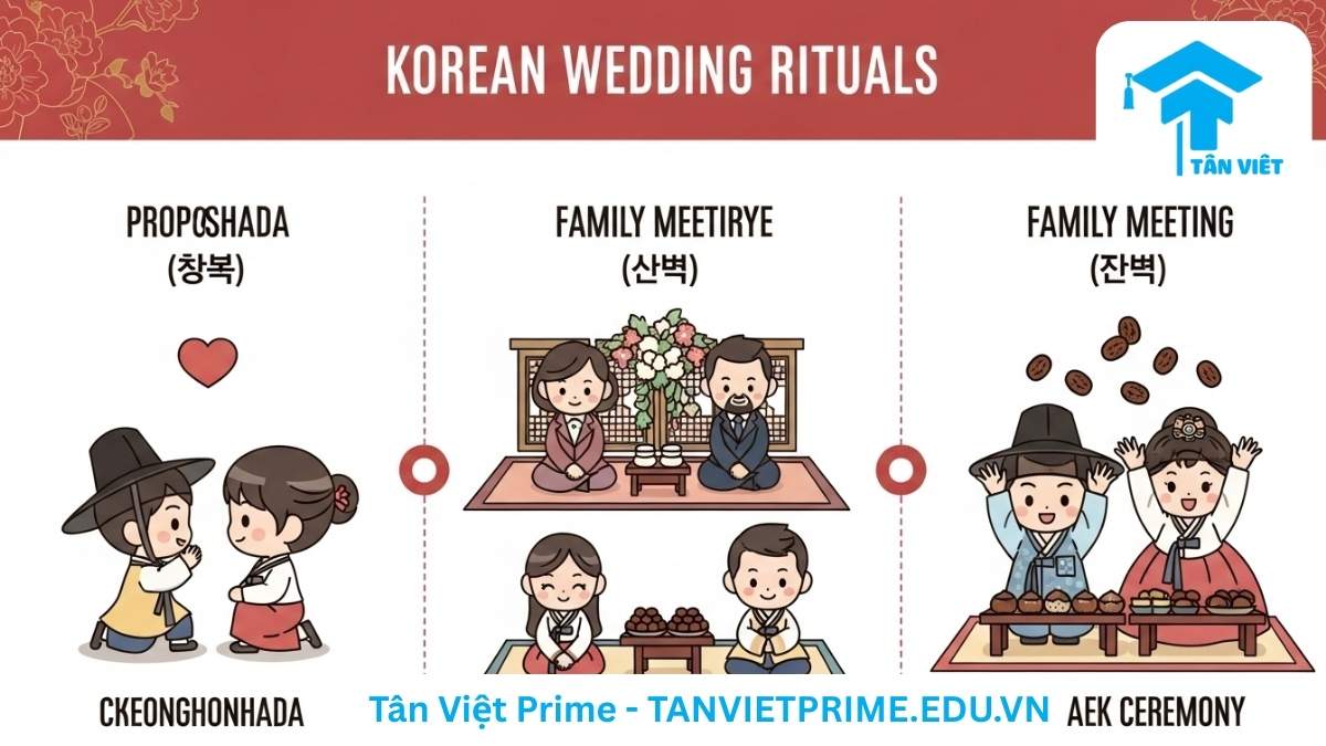 Từ Vựng Tiếng Hàn Về Đám Cưới: Cẩm Nang Toàn Diện (Kèm Văn Hóa) 3 Sơ đồ giải thích các nghi lễ quan trọng trong đám cưới Hàn Quốc, mô tả các cảnh chibi Cầu hôn, Gặp mặt gia đình và Lễ Pyebaek để làm rõ quy trình văn hóa. Hiểu sâu hơn về văn hóa hôn nhân Hàn Quốc.