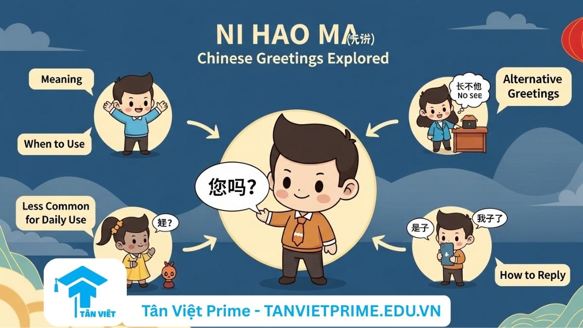 Nǐ hǎo ma (你好吗): Ý Nghĩa & Cách Dùng "Bạn Khỏe Không?" Tiếng Trung 2 Infographic giải thích "Nǐ hǎo ma (你好吗)", mô tả một nhân vật chibi trung tâm cùng các tình huống giao tiếp, từ chào hỏi chung đến hỏi thăm sức khỏe, để làm rõ ý nghĩa, cách dùng và các lựa chọn thay thế. Hướng dẫn toàn diện về giao tiếp tiếng Trung.