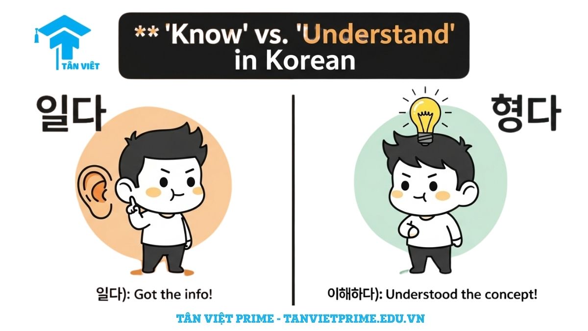 Cách Nói "Tôi Hiểu Rồi" Tiếng Hàn: Phân Biệt 알았어요, 알겠습니다 & 이해했어요 3 Hình ảnh minh họa giải thích sự khác biệt giữa 알다 và 이해하다, mô tả hai nhân vật chibi, một bên tượng trưng cho việc 'biết' thông tin (알다) và một bên tượng trưng cho việc 'hiểu' sâu vấn đề (이해하다) để làm rõ ý nghĩa và cách dùng của hai động từ. Giúp phân biệt và sử dụng chính xác trong giao tiếp tiếng Hàn.