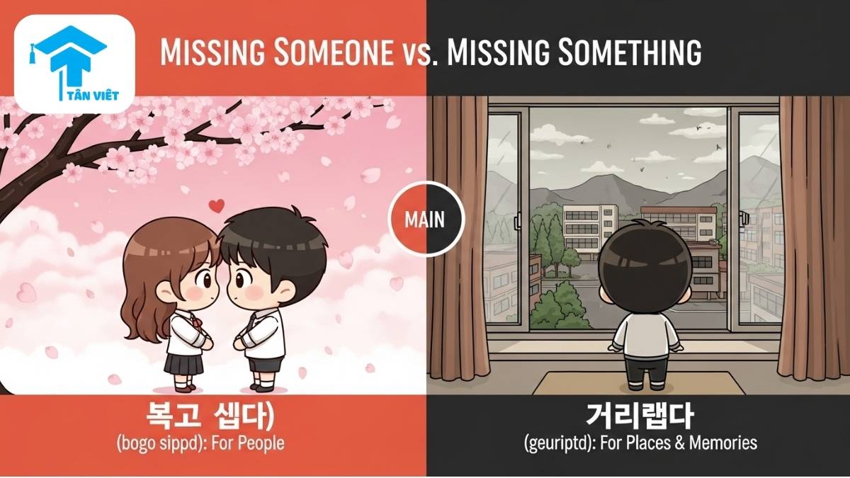 Cách Nói "Anh Nhớ Em" Tiếng Hàn: Hướng Dẫn & Bí Kíp Tỏ Tình Lãng Mạn 3 Sơ đồ so sánh giải thích sự khác biệt giữa "보고 싶다" và "그립다" trong tiếng Hàn, mô tả một bên là cặp đôi nhớ nhau và bên còn lại là một người hoài niệm về quê hương, để làm rõ cách phân biệt hai từ "nhớ". Giúp người học tránh nhầm lẫn khi sử dụng.