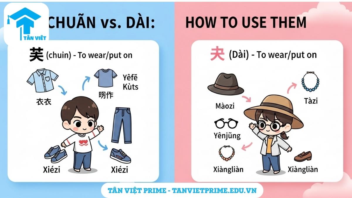 Hình ảnh minh họa cách phân biệt động từ tiếng Trung 穿 (chuān) và 戴 (dài) bằng các nhân vật chibi đáng yêu, mô tả ví dụ về trang phục (áo, quần, giày) và phụ kiện (mũ, kính, vòng cổ) để làm rõ ngữ pháp cốt lõi. Giúp người học tránh nhầm lẫn trong giao tiếp.