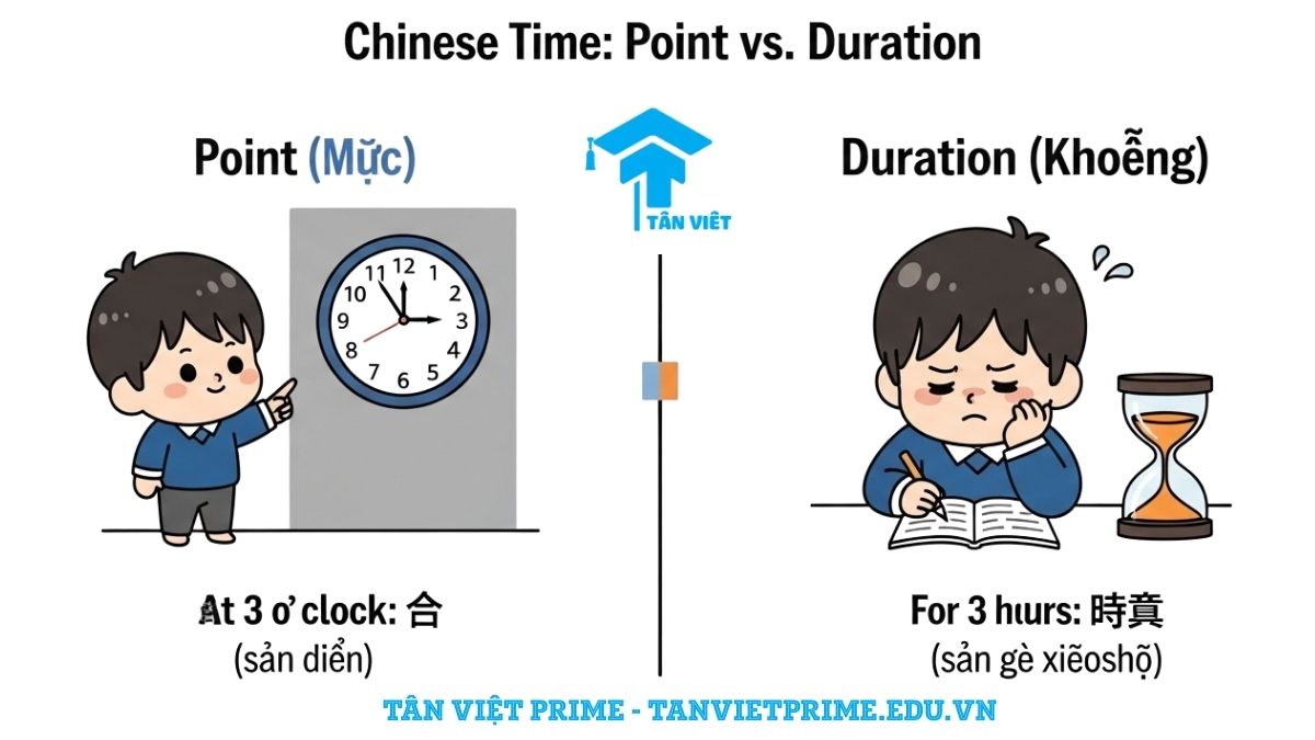 Infographic giải thích các đơn vị nói giờ đặc biệt trong tiếng Trung, mô tả một mặt đồng hồ với các chú thích cho "khắc" (刻), "rưỡi" (半), và "kém" (差) để làm rõ cách người bản xứ diễn đạt 15, 30, 45 phút và giờ kém một cách tự nhiên.